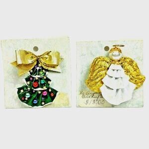 Vintage Handmade Christmas Brooch Pins Rhinestone Bow Tree, Gold Angel Lot of 2